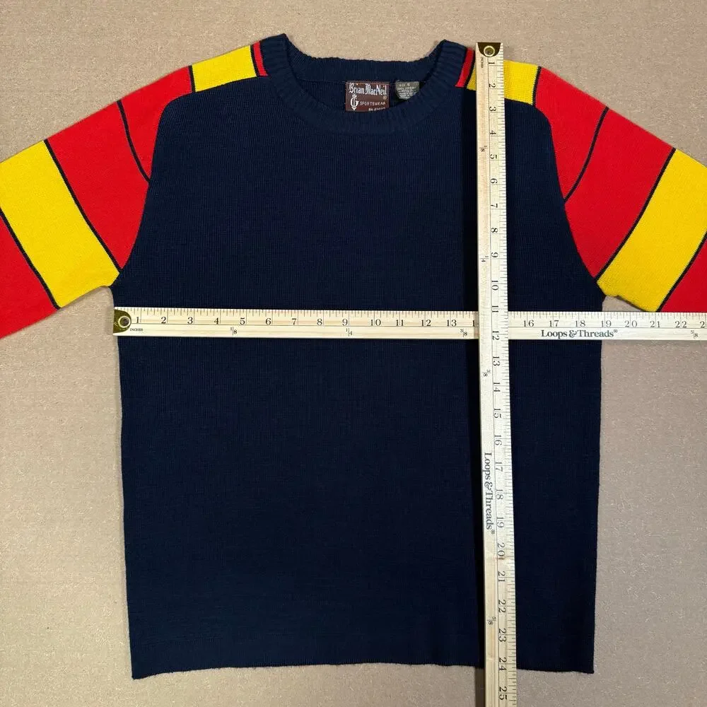 Vintage 80s Color Block Acrylic Sweater Navy Red Yellow Size S Made in Taiwan